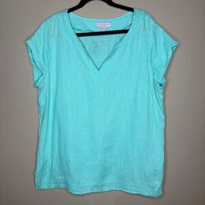 SAINT TROPEZ West Womens Turquoise Linen V Neck Embroidered Short Sleeve Top XL
